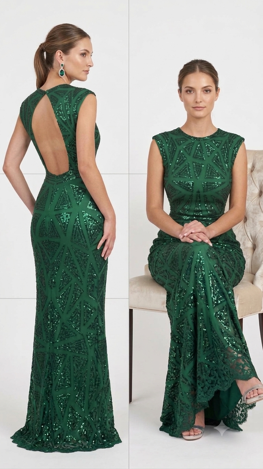 فستان سهرة اخضر زمردي غني ولامع Emerald Green