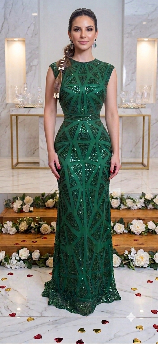 فستان سهرة اخضر زمردي غني ولامع Emerald Green